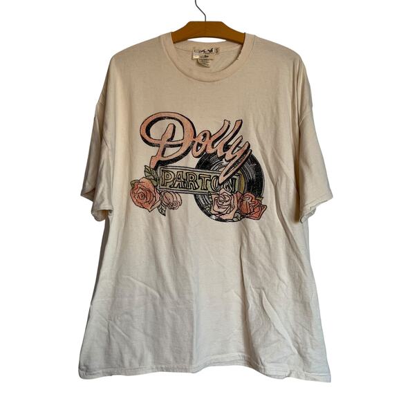 Free People Livy Lu Dolly Parton Tee Rose Record Off White Distressed T-Shirt - Picture 1 of 7
